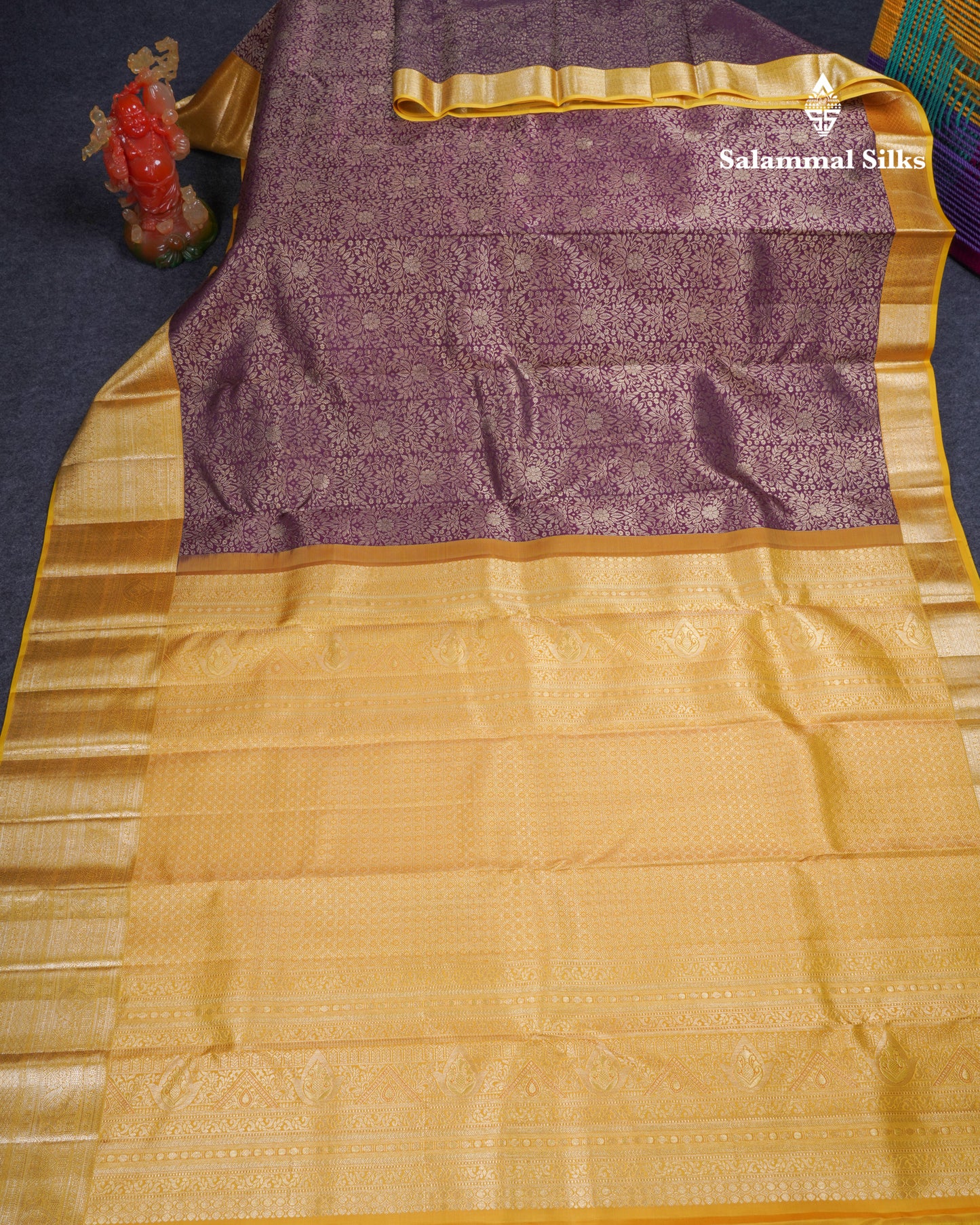 Beautiful Dark Magenta 2G Pure Kanjivaram Silk Saree With Contrast Yellow Traditional Evening Morning Border