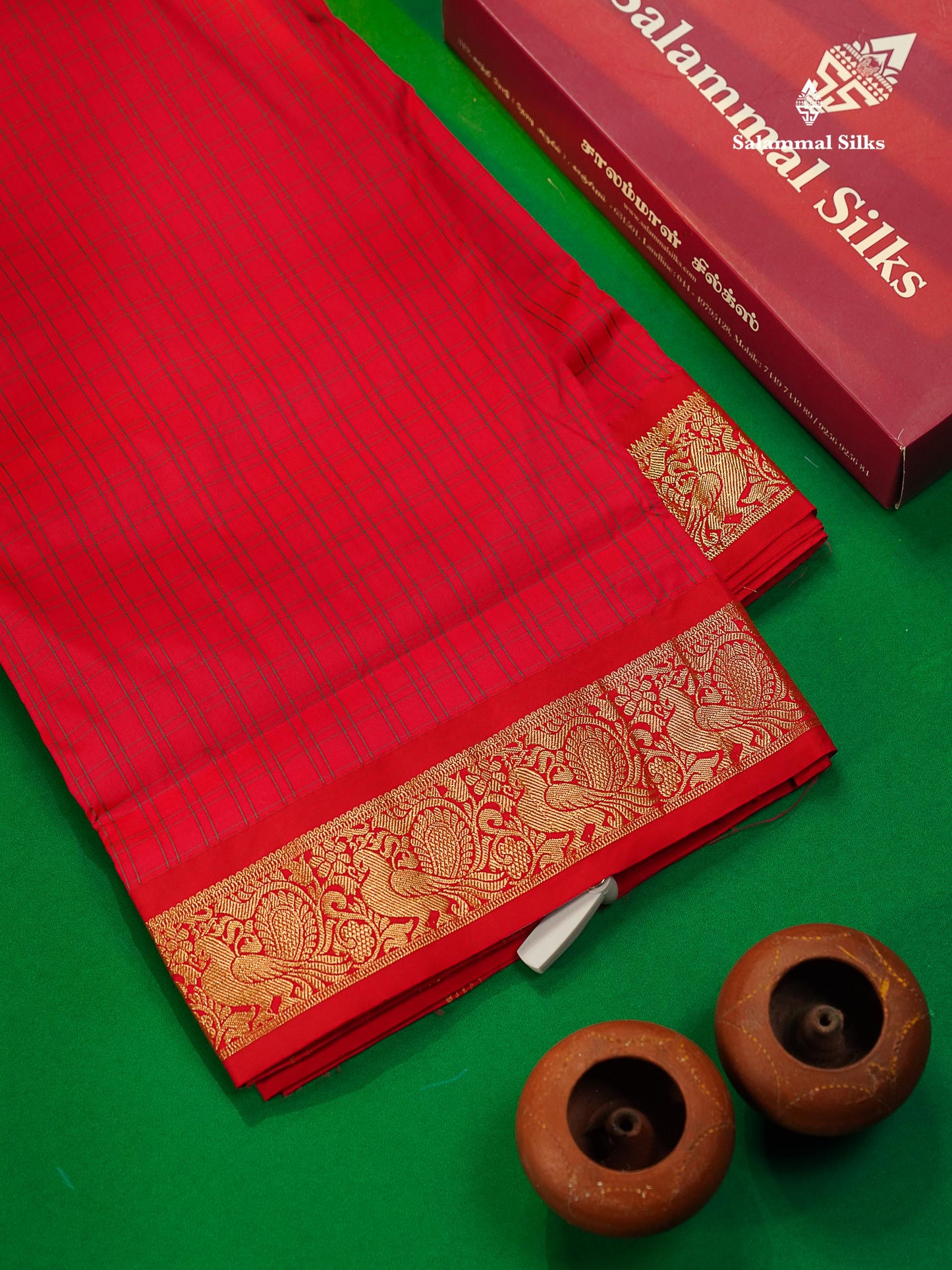 10 Yards Art Silk Saree Peacock Blue Checks with Traditional Border