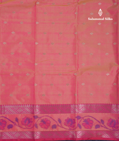 Beautiful Dual Tone Pink Semi Silk Saree With Contrast Brown Pochampalli Blouse