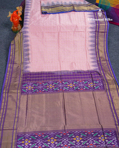 Baby Pink Checks Pure Kanjivaram Silk Saree With Contrast Purple Pochampalli Blouse