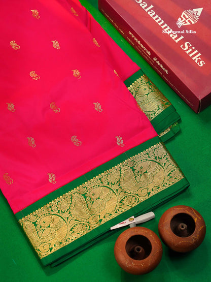 11 Yards Semi Silk Saree Dual Tone Pink with Contrast Green Traditional Border
