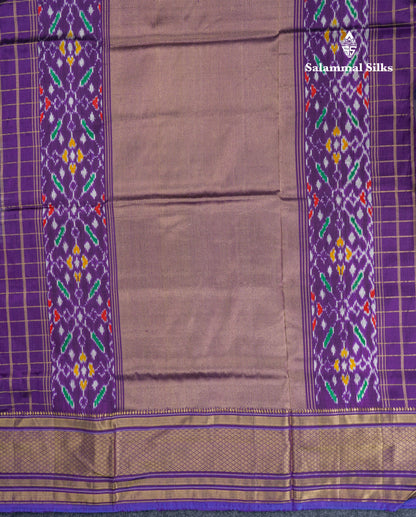 Baby Pink Checks Pure Kanjivaram Silk Saree With Contrast Purple Pochampalli Blouse