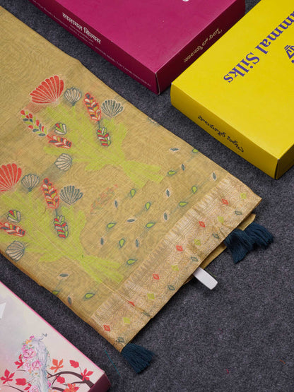 Beautiful Light Yellow Menakari Work Muga Cotton Saree With Contrast Ramar Blue Blouse