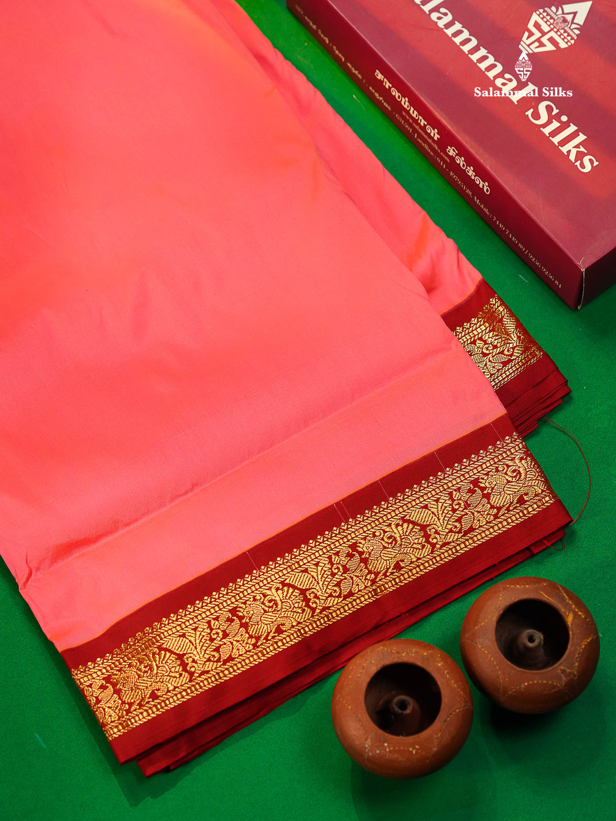 11 Yards Semi Silk Saree Peach Pink with Contrast Maroon Traditional Border