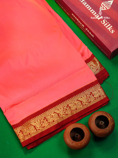 11 Yards Semi Silk Saree Peach Pink with Contrast Maroon Traditional Border