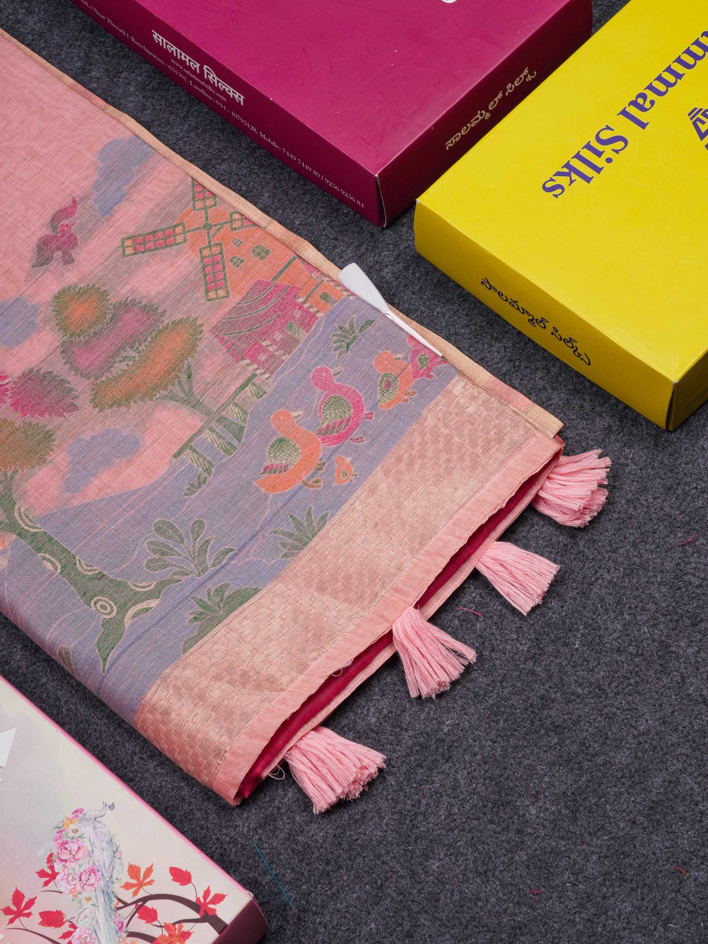 Beautiful Peach Menakari Work Thread Butta Muga Cotton Saree With Contrast Pink Blouse