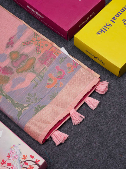 Beautiful Peach Menakari Work Thread Butta Muga Cotton Saree With Contrast Pink Blouse