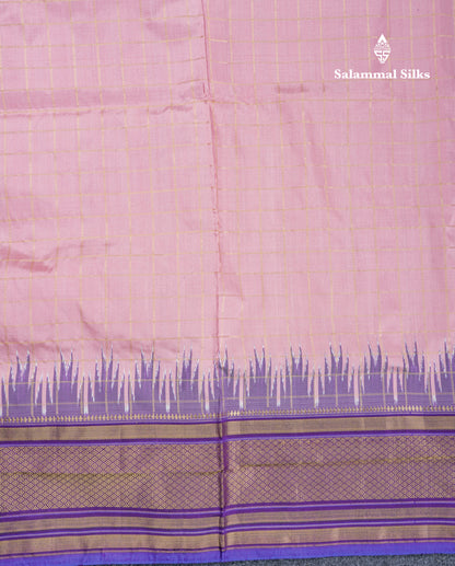 Baby Pink Checks Pure Kanjivaram Silk Saree With Contrast Purple Pochampalli Blouse