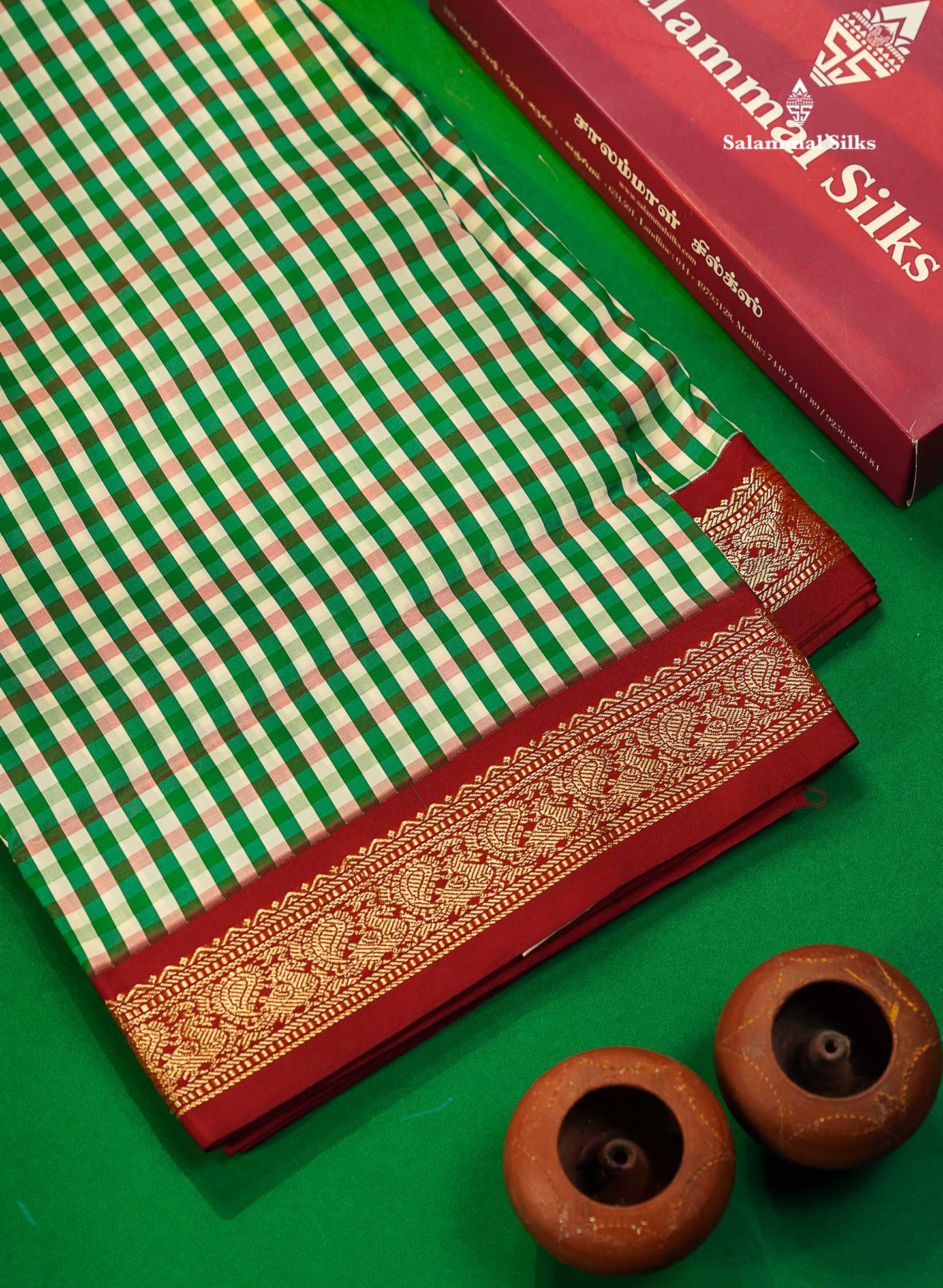 11 Yards Semi Silk Saree Multicolour Checks with Maroon Border