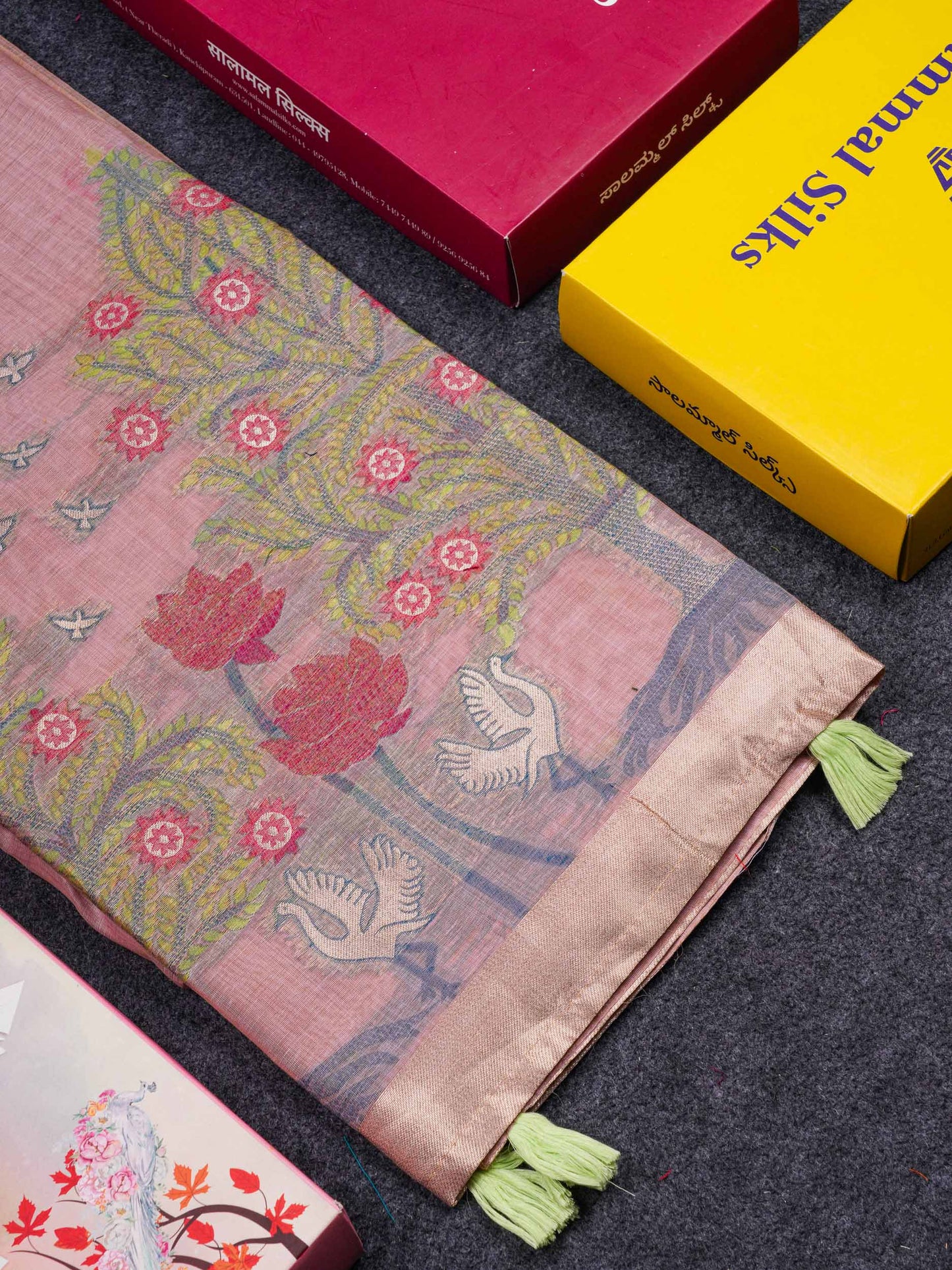 Beautiful Light Lavender Thread Work Butta Muga Cotton Saree With Blouse