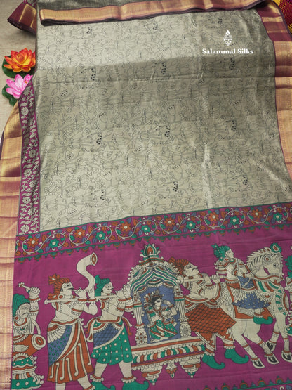 Grey Pichwai Print In Semi Raw Silk Saree With Contrast Maroon Traditional Border