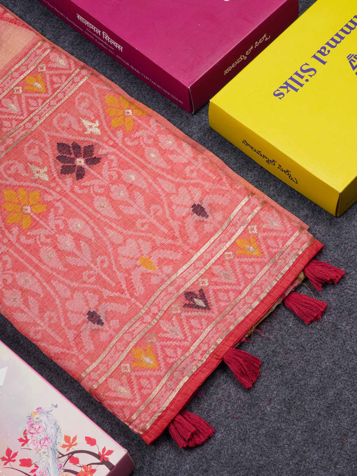 Beautiful Light Peach Menakari Work Thread Work Muga Cotton Saree With Blouse