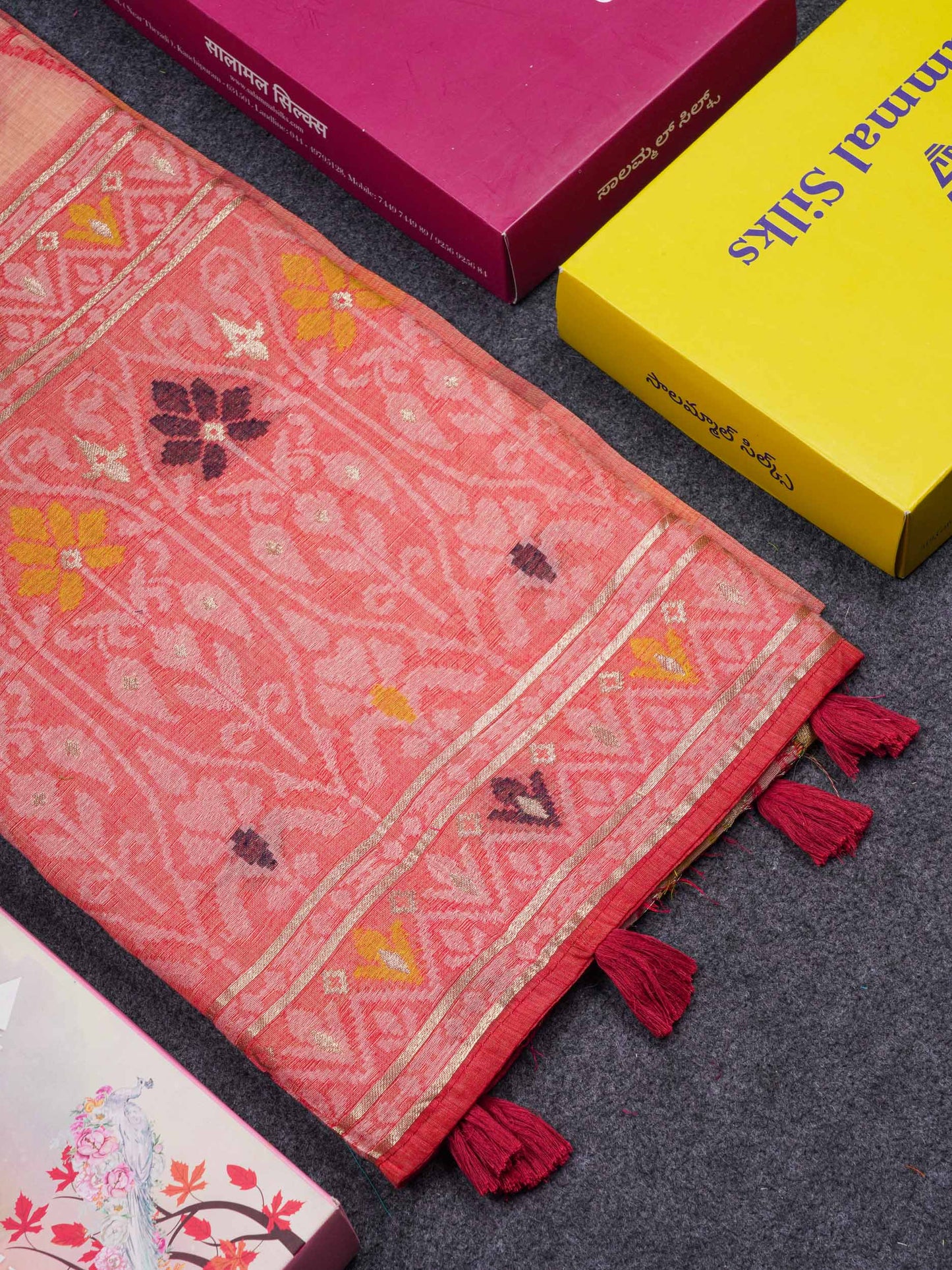 Beautiful Light Peach Menakari Work Thread Work Muga Cotton Saree With Blouse