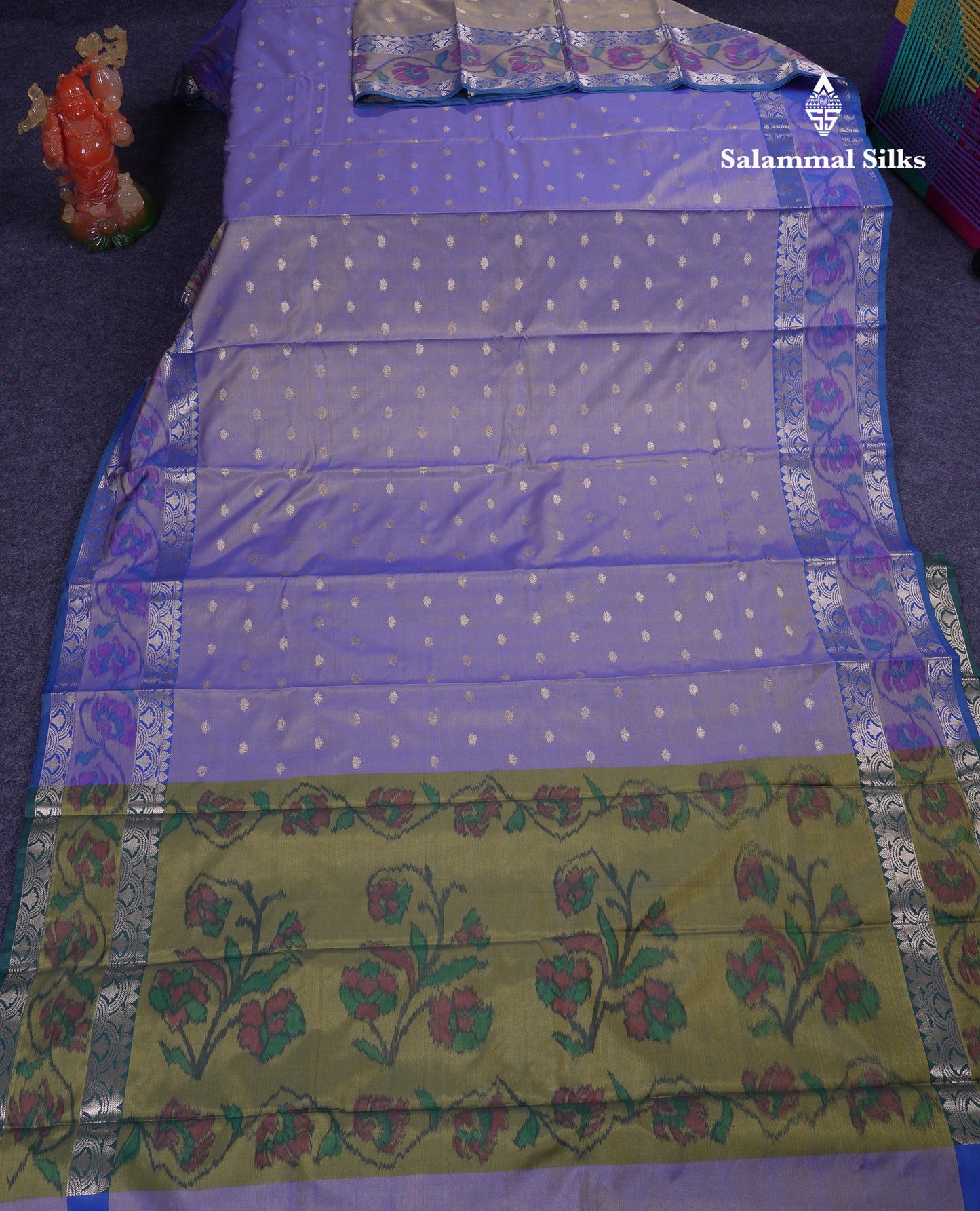 Beautiful Dual Tone Blue Semi Silk Saree With Contrast Olive Green Pochampalli Blouse