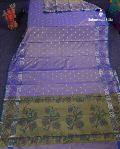 Beautiful Dual Tone Blue Semi Silk Saree With Contrast Olive Green Pochampalli Blouse