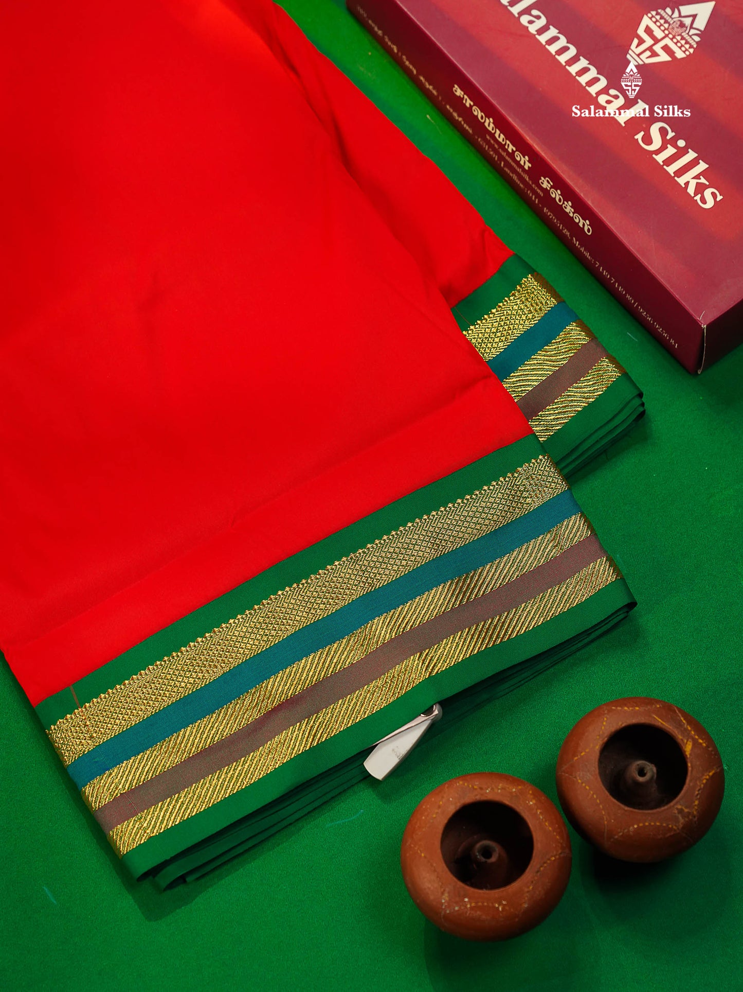 Semi Silk Saree - Chilly Red Colour Body Plain With Contrast Green Traditional Border | 10 Yards 