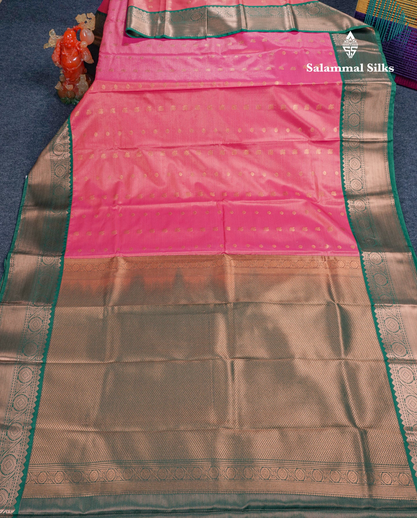 Peach Pink Vairaoosi Lines Semi Silk Saree With Contrast Sapphire Green Border