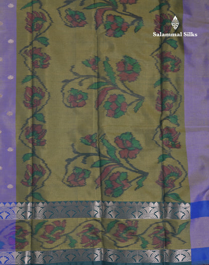 Beautiful Dual Tone Blue Semi Silk Saree With Contrast Olive Green Pochampalli Blouse