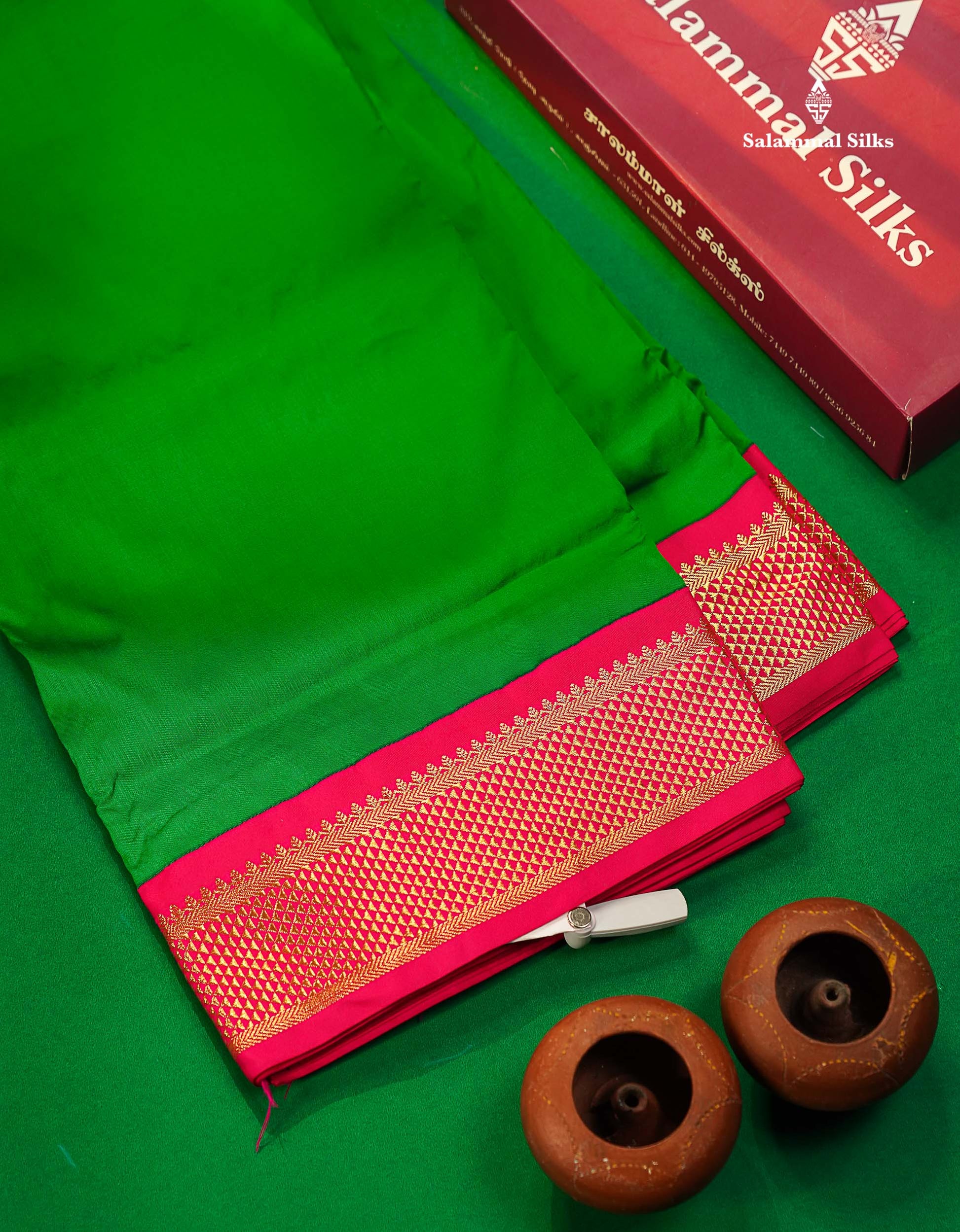 Semi Silk Saree - Green Colour Body Plain With Contrast Pink Border | 9 Yards 