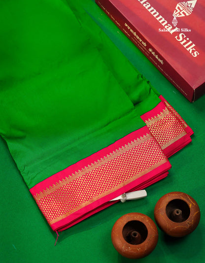 Semi Silk Saree - Green Colour Body Plain With Contrast Pink Border | 9 Yards 