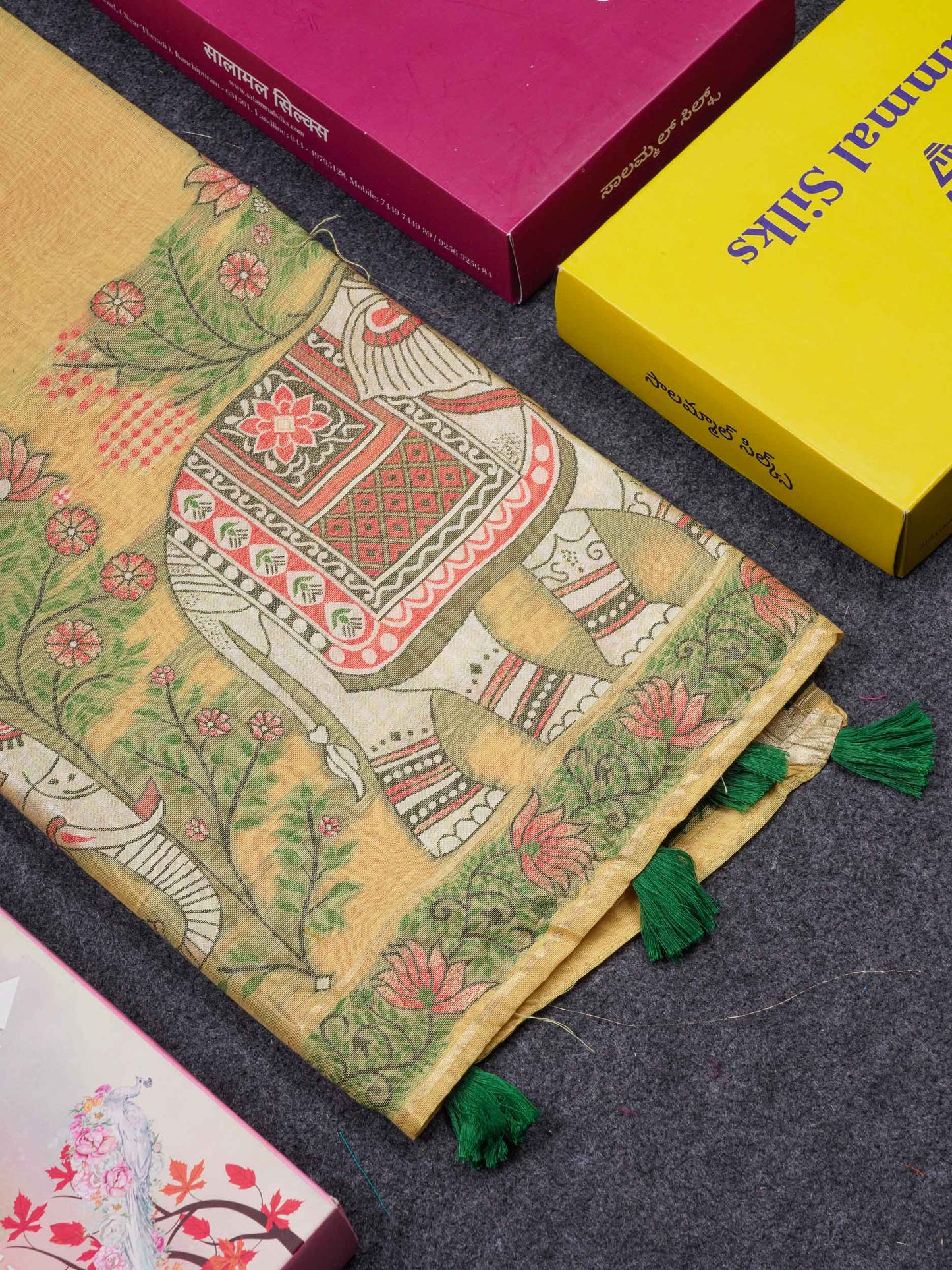 Beautiful Light Yellow Menakari Work Thread Work Butta Muga Cotton Saree With Contrast Red Blouse
