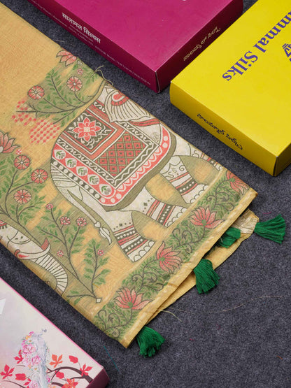 Beautiful Light Yellow Menakari Work Thread Work Butta Muga Cotton Saree With Contrast Red Blouse