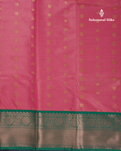 Peach Pink Vairaoosi Lines Semi Silk Saree With Contrast Sapphire Green Border