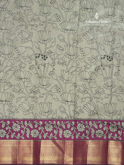 Grey Pichwai Print In Semi Raw Silk Saree With Contrast Maroon Traditional Border