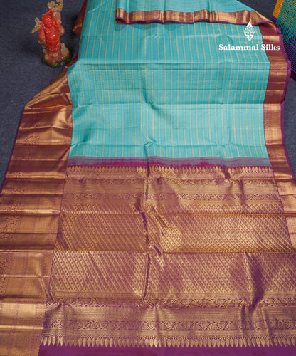 Beautiful Sapphire Green 2G Pure Kanjivaram Silk Saree With Contrast Dark Purple Traditional Evening Morning Border