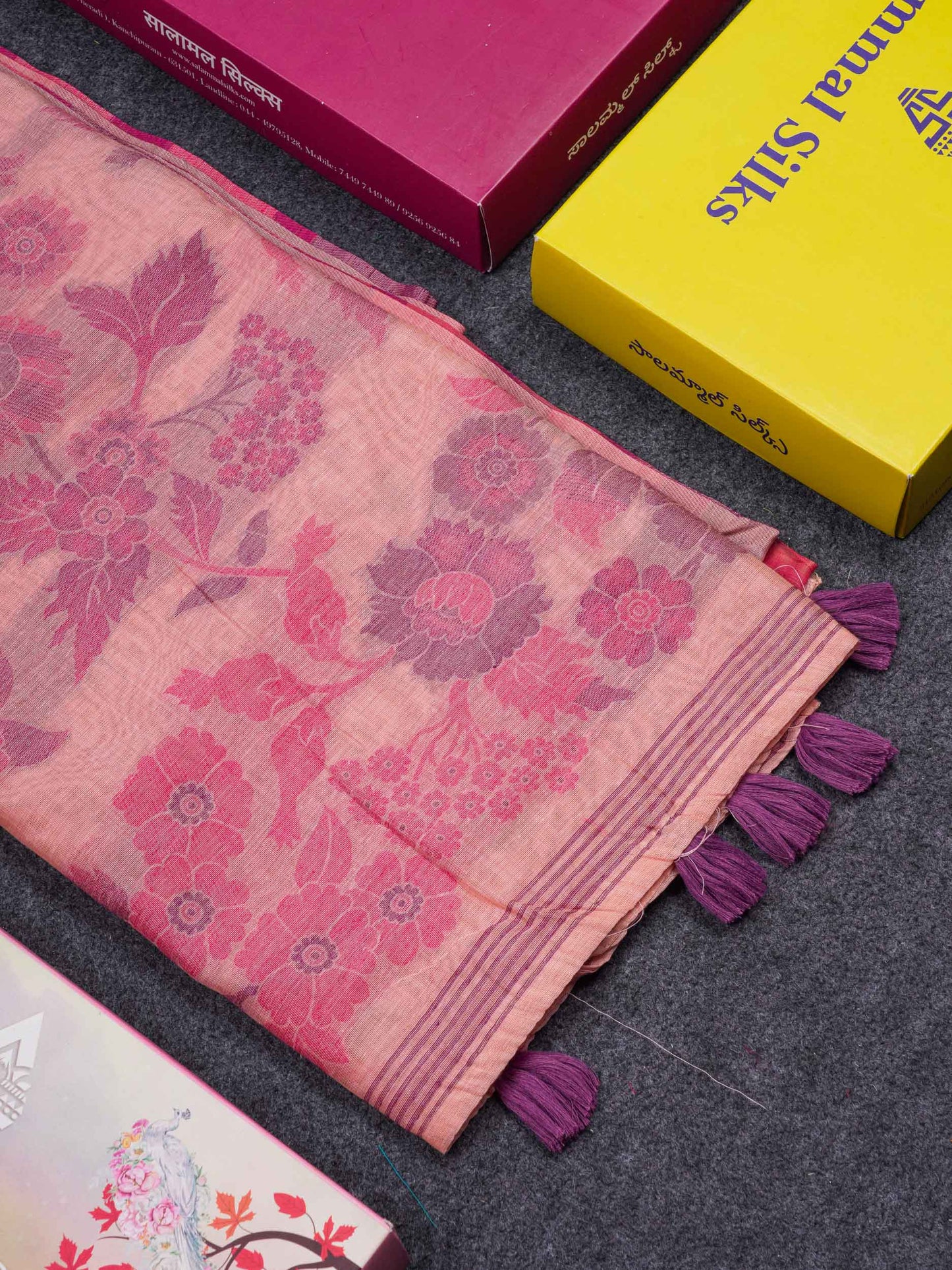 Beautiful Peach Menakari Work Thread Butta Muga Cotton Saree With Contrast Pink Blouse