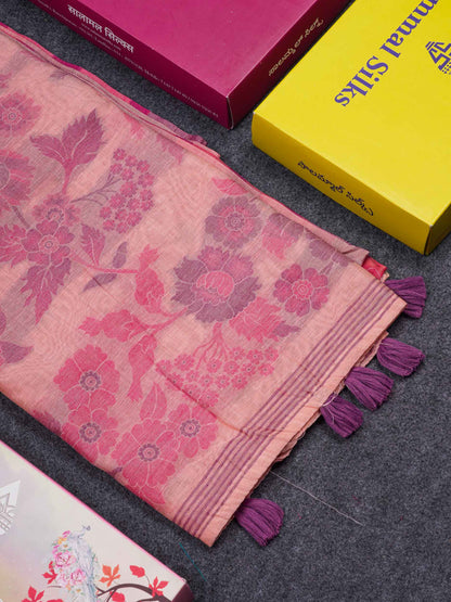 Beautiful Peach Menakari Work Thread Butta Muga Cotton Saree With Contrast Pink Blouse