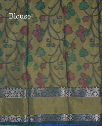 Beautiful Dual Tone Blue Semi Silk Saree With Contrast Olive Green Pochampalli Blouse