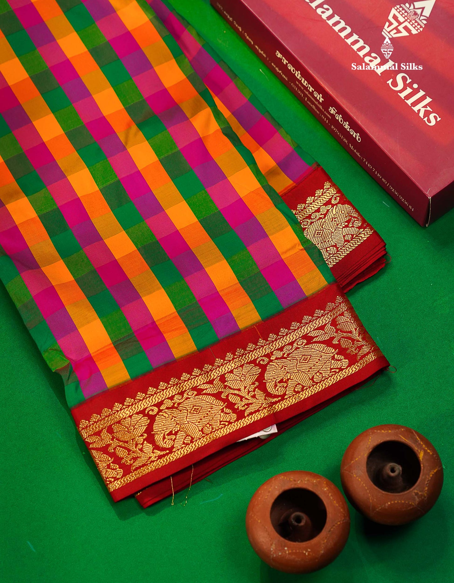 9 Yards Semi Silk Saree Paalum Pazham Checks With Contrast Maroon Traditional Border