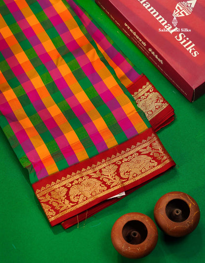9 Yards Semi Silk Saree Paalum Pazham Checks With Contrast Maroon Traditional Border