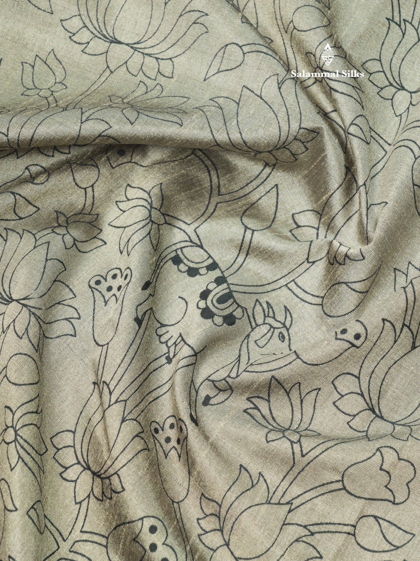 Grey Pichwai Print In Semi Raw Silk Saree With Contrast Maroon Traditional Border