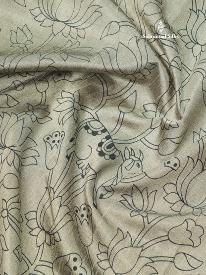 Grey Pichwai Print In Semi Raw Silk Saree With Contrast Maroon Traditional Border