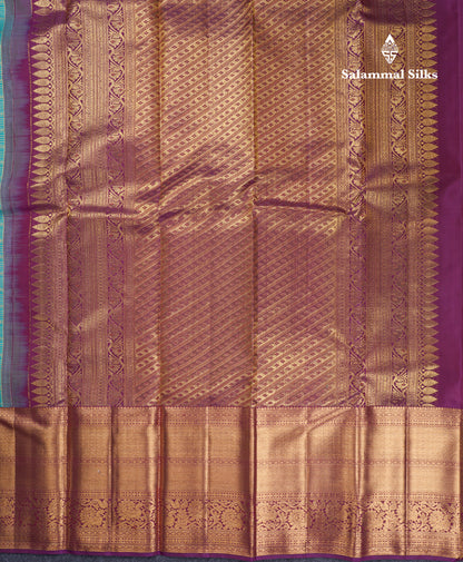 Beautiful Sapphire Green 2G Pure Kanjivaram Silk Saree With Contrast Dark Purple Traditional Evening Morning Border