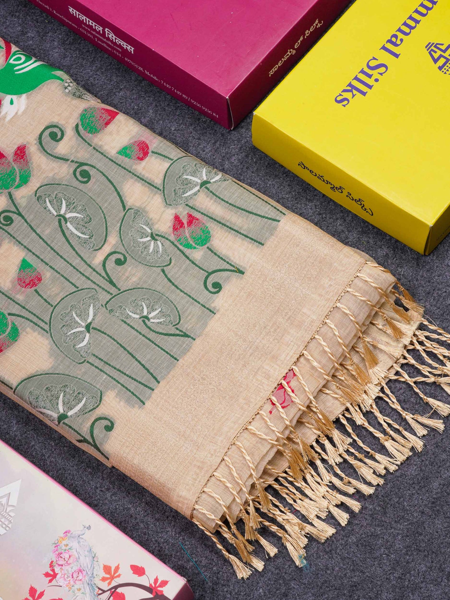 Beautiful Cream Sandal Menakari Work Muga Cotton Saree With Blouse