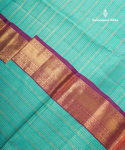 Beautiful Sapphire Green 2G Pure Kanjivaram Silk Saree With Contrast Dark Purple Traditional Evening Morning Border