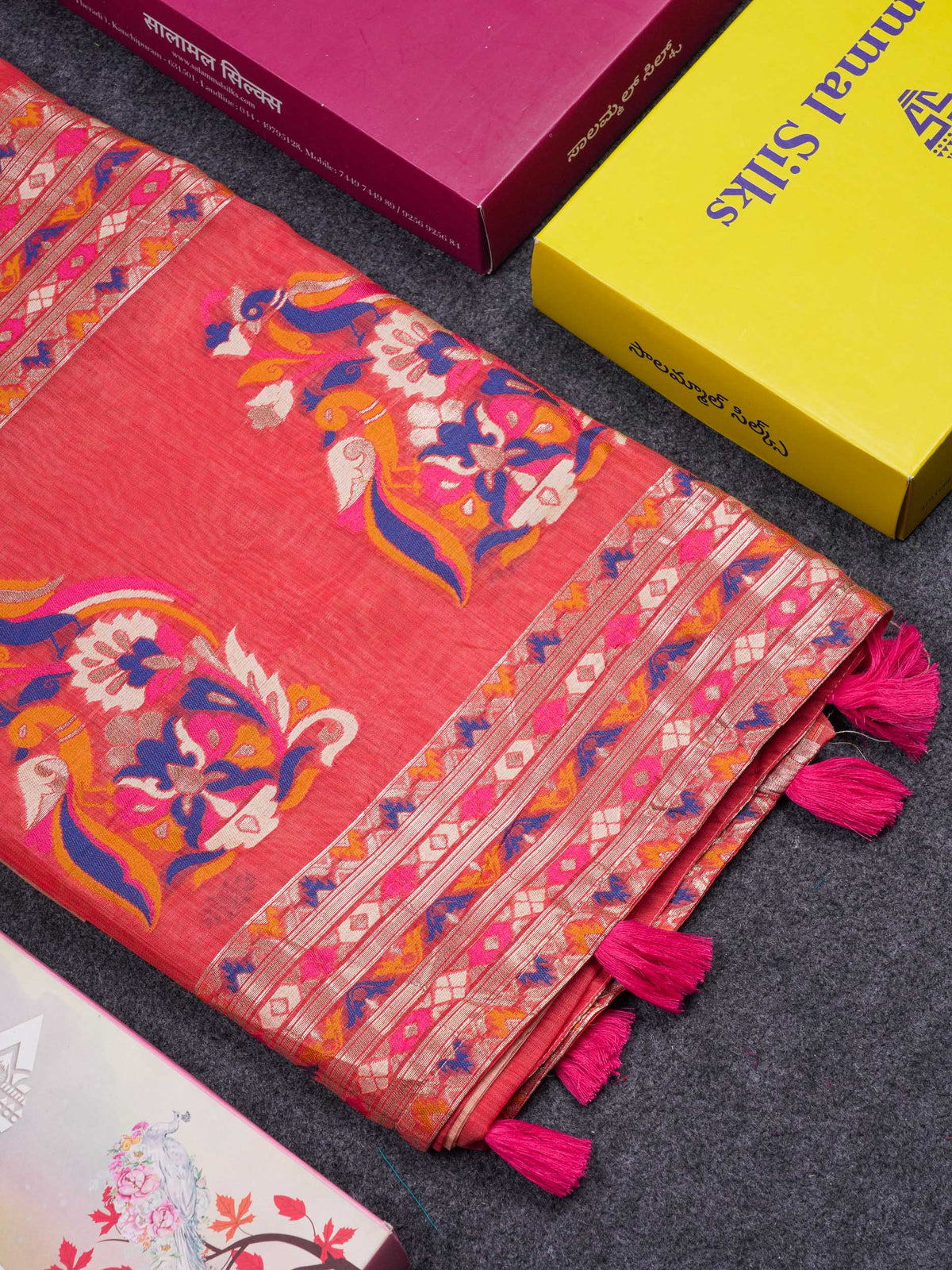 Beautiful Peach Menakari Work Muga Cotton Saree With Contrast Red Blouse