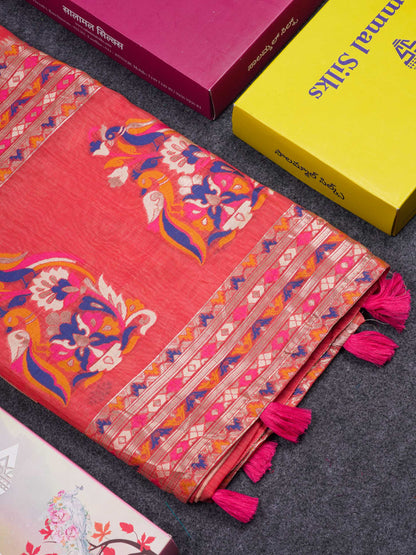 Beautiful Peach Menakari Work Muga Cotton Saree With Contrast Red Blouse
