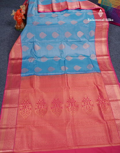 Blue Vairaoosi Lines Semi Silk Saree With Contrast Pink Border
