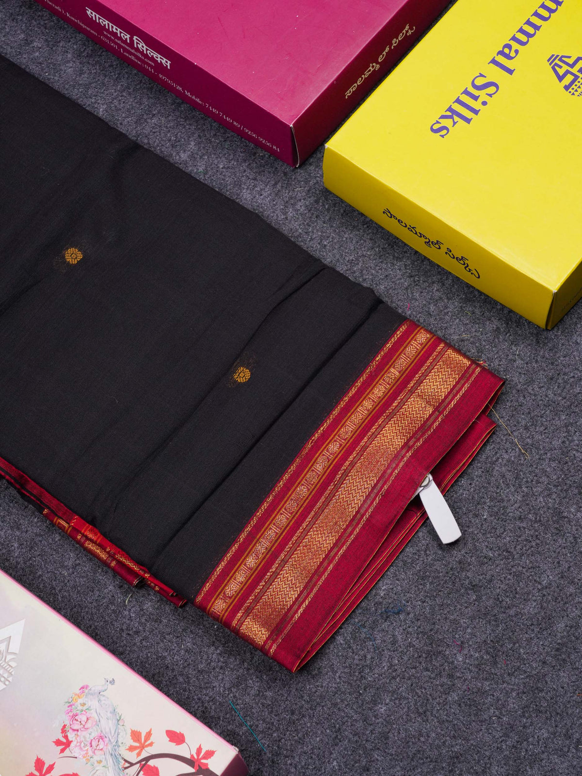 Beautiful Black Thread Work Butta Pure Cotton Saree With Contrast Maroon Traditional Border