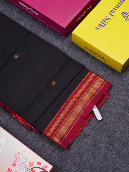 Beautiful Black Thread Work Butta Pure Cotton Saree With Contrast Maroon Traditional Border