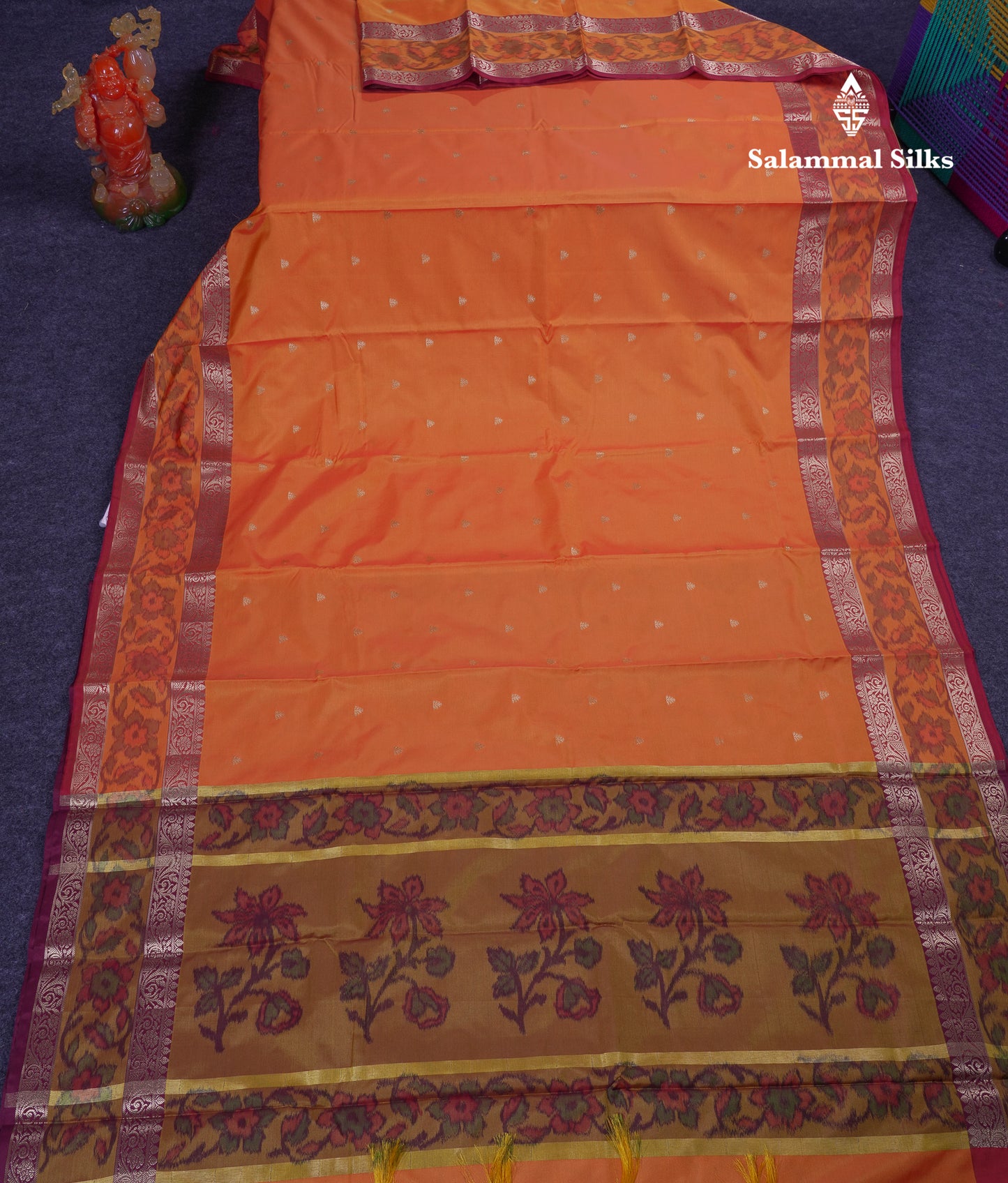 Beautiful Dual Tone Orange Semi Silk Saree With Contrast Brown Pochampalli Blouse