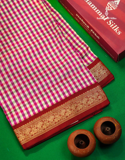 11 Yards Semi Silk Saree Multicolour Checks with Maroon Border
