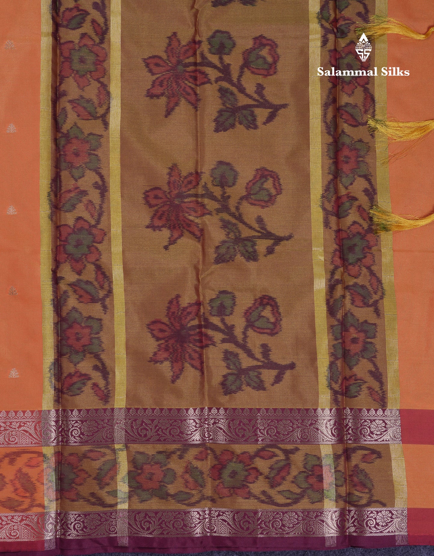 Beautiful Dual Tone Orange Semi Silk Saree With Contrast Brown Pochampalli Blouse