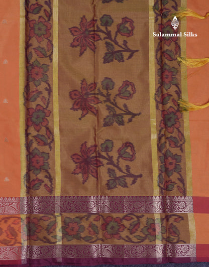 Beautiful Dual Tone Orange Semi Silk Saree With Contrast Brown Pochampalli Blouse
