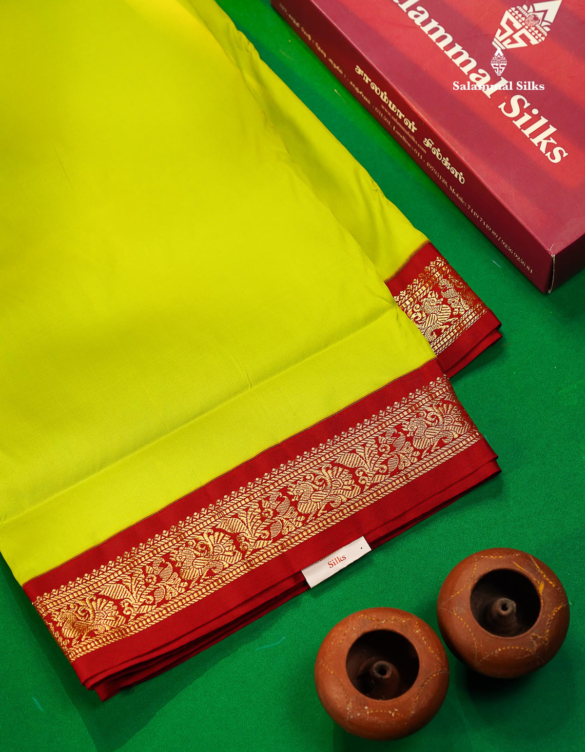 11 Yards Semi Silk Saree Green with Contrast Pink Border