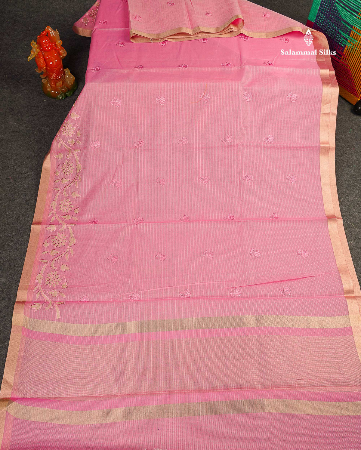 Cotton Mix Saree - Light Pink Colour Body Embroidery Design With Small Ribbon Border